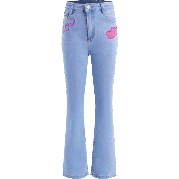 Girls' Light Blue Denim Jeans with Pink Heart Embroidery